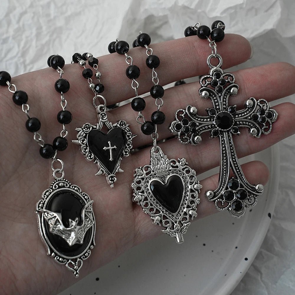Gothic Bat Cross Dark Pendant Necklace Set, Y2K Personalized Thorn Love Black Bead Stacked Necklace Set, Suitable as Halloween G - Tara's Tiny Treasures