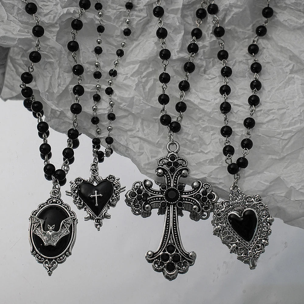 Gothic Bat Cross Dark Pendant Necklace Set, Y2K Personalized Thorn Love Black Bead Stacked Necklace Set, Suitable as Halloween G - Tara's Tiny Treasures