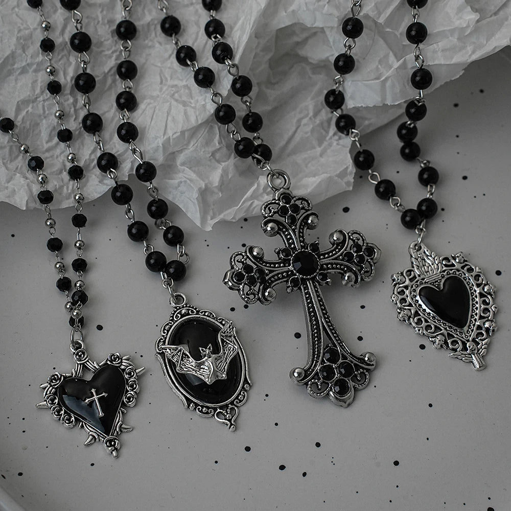 Gothic Bat Cross Dark Pendant Necklace Set, Y2K Personalized Thorn Love Black Bead Stacked Necklace Set, Suitable as Halloween G - Tara's Tiny Treasures