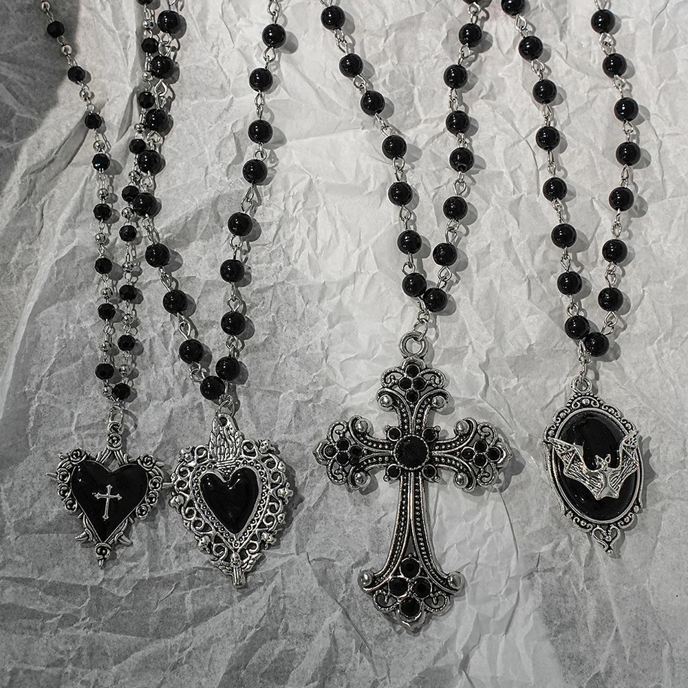Gothic Bat Cross Dark Pendant Necklace Set, Y2K Personalized Thorn Love Black Bead Stacked Necklace Set, Suitable as Halloween G - Tara's Tiny Treasures