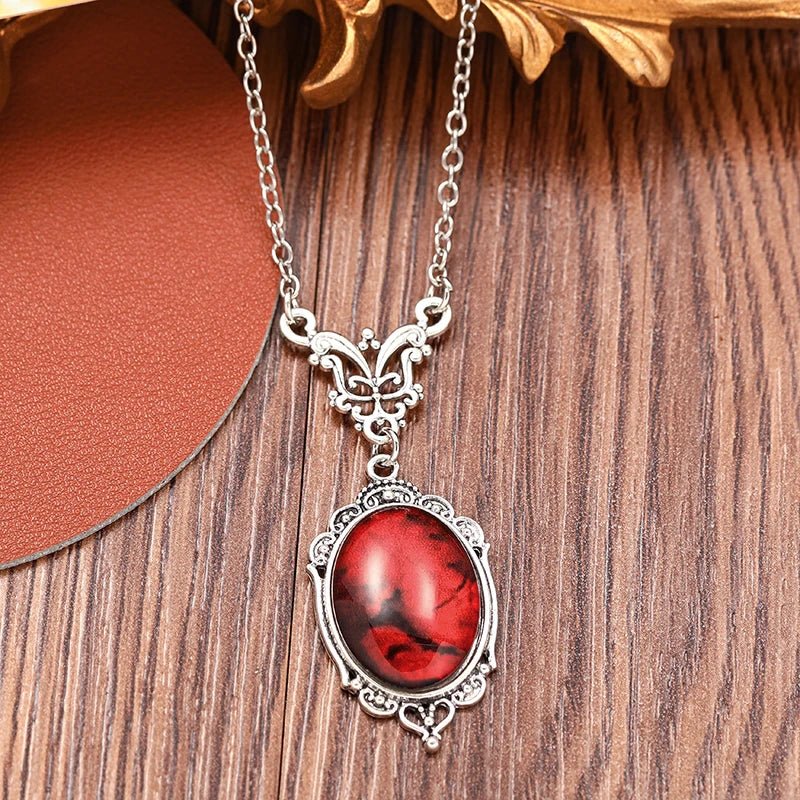 Gothic Blood Red Quartz Charm Necklace Oval Pendant Necklace For Women Halloween Vampire Embossed Witch Jewelry Vintage Chokers - Tara's Tiny Treasures