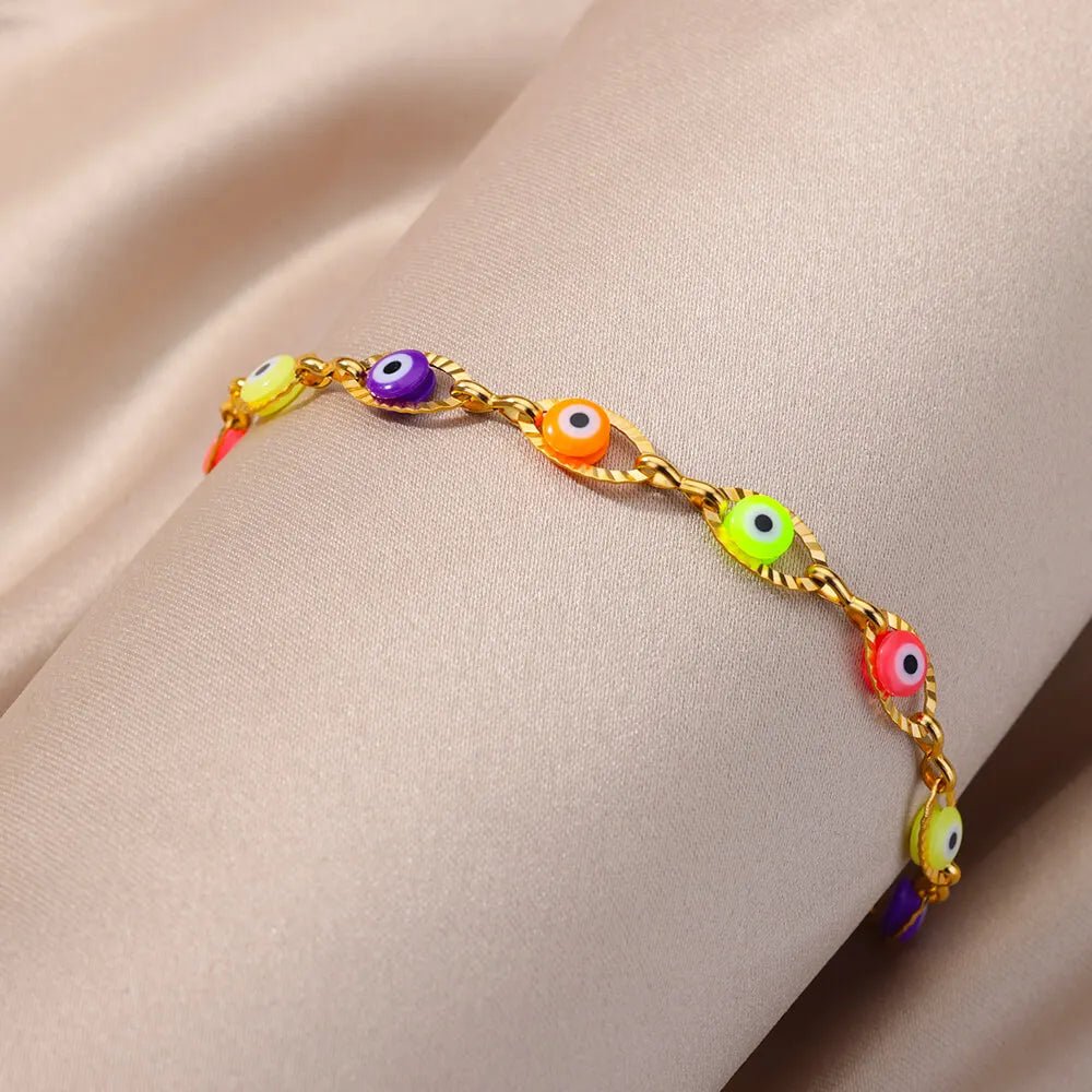 Gothic Rainbow Evil Eye Bracelets For Women Stainless Steel Gold Color Turkish Demon Chain Charm Bracelet Summer Beach Jewelry - Tara's Tiny Treasures