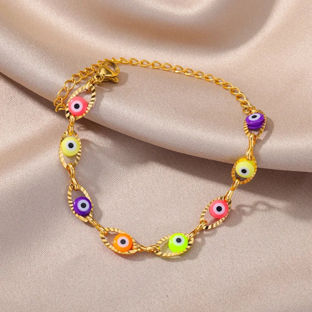 Gothic Rainbow Evil Eye Bracelets For Women Stainless Steel Gold Color Turkish Demon Chain Charm Bracelet Summer Beach Jewelry - Tara's Tiny Treasures
