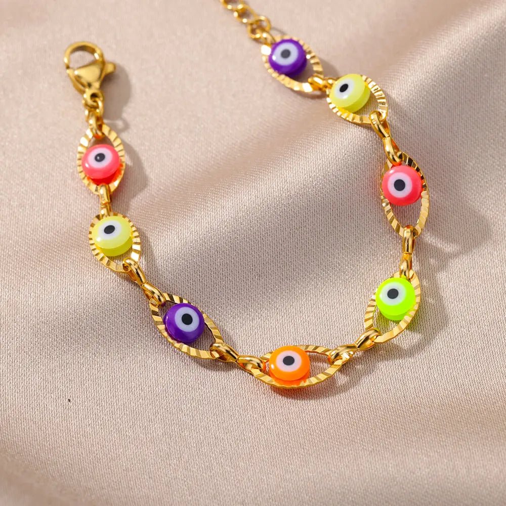 Gothic Rainbow Evil Eye Bracelets For Women Stainless Steel Gold Color Turkish Demon Chain Charm Bracelet Summer Beach Jewelry - Tara's Tiny Treasures