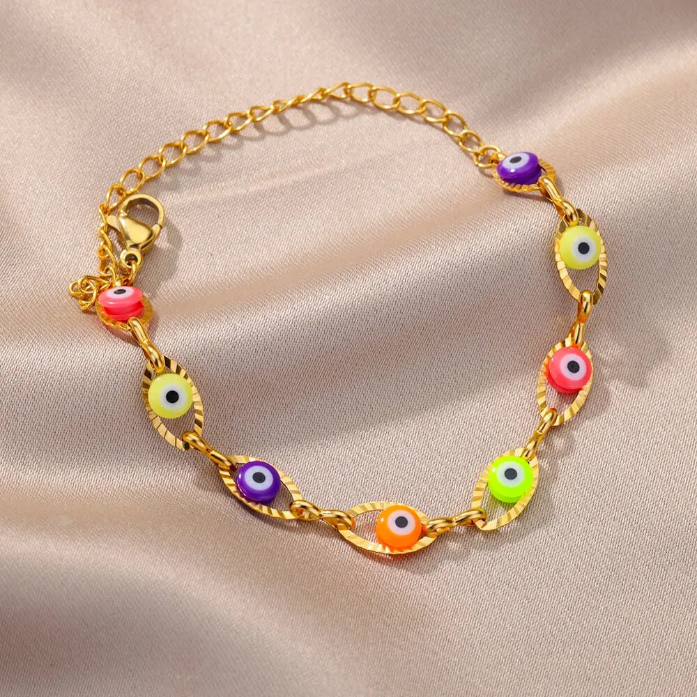 Gothic Rainbow Evil Eye Bracelets For Women Stainless Steel Gold Color Turkish Demon Chain Charm Bracelet Summer Beach Jewelry - Tara's Tiny Treasures