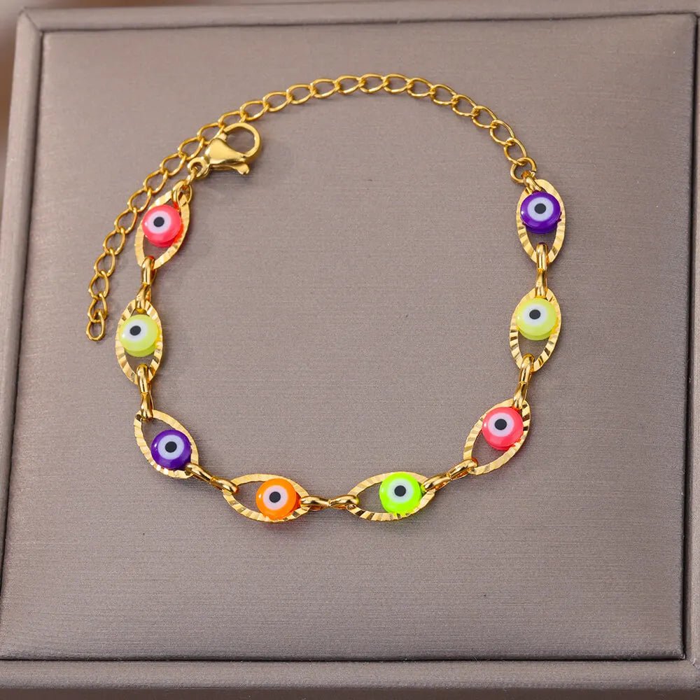 Gothic Rainbow Evil Eye Bracelets For Women Stainless Steel Gold Color Turkish Demon Chain Charm Bracelet Summer Beach Jewelry - Tara's Tiny Treasures