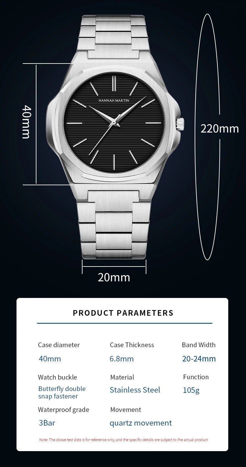 Hannah Martin Men Watch 6.8mm Ultrathin JP Movement Black Stainless Steel Business Watch 1 Set Replaceable Leather Quartz Watch - Tara's Tiny Treasures
