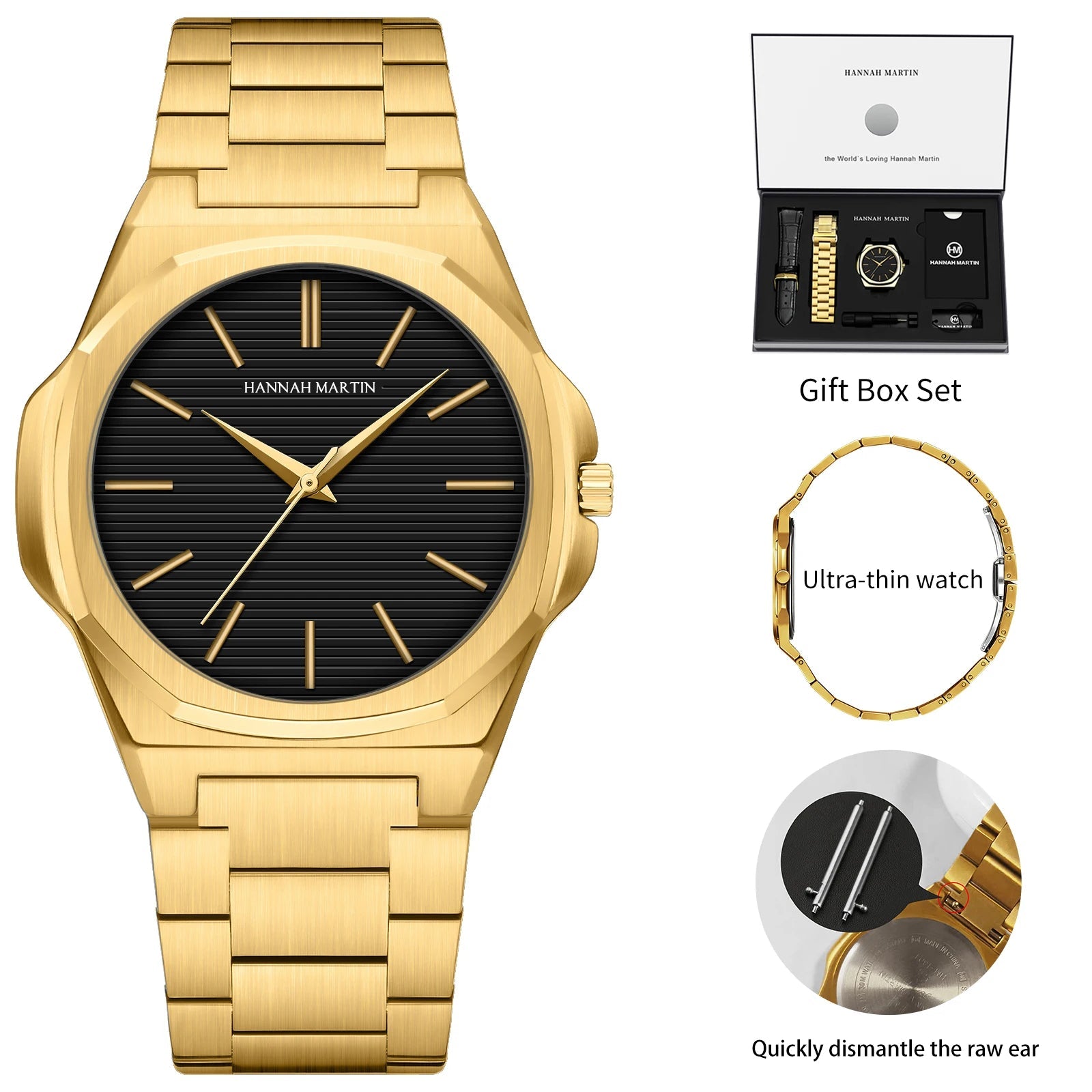 Hannah Martin Men Watch 6.8mm Ultrathin JP Movement Black Stainless Steel Business Watch 1 Set Replaceable Leather Quartz Watch - Tara's Tiny Treasures