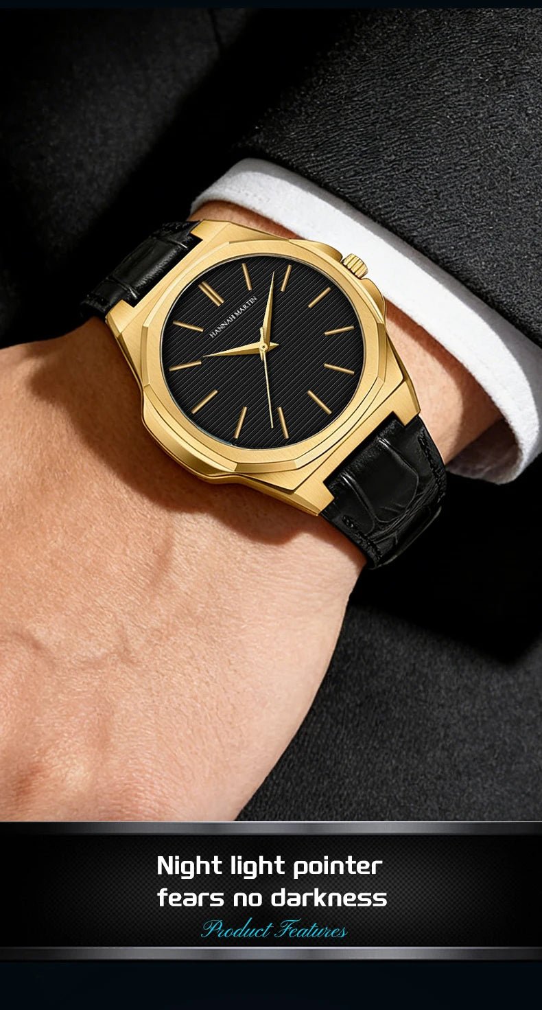 Hannah Martin Men Watch 6.8mm Ultrathin JP Movement Black Stainless Steel Business Watch 1 Set Replaceable Leather Quartz Watch - Tara's Tiny Treasures
