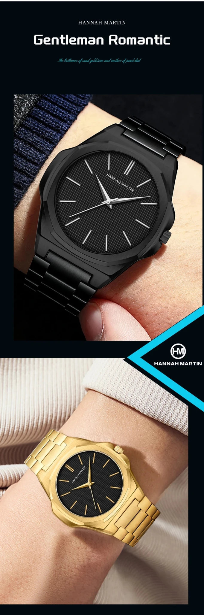 Hannah Martin Men Watch 6.8mm Ultrathin JP Movement Black Stainless Steel Business Watch 1 Set Replaceable Leather Quartz Watch - Tara's Tiny Treasures