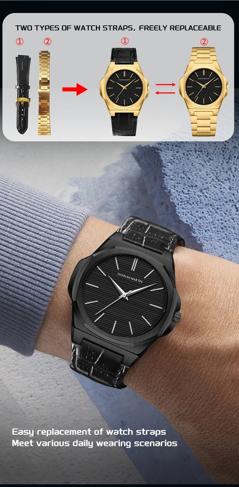 Hannah Martin Men Watch 6.8mm Ultrathin JP Movement Black Stainless Steel Business Watch 1 Set Replaceable Leather Quartz Watch - Tara's Tiny Treasures
