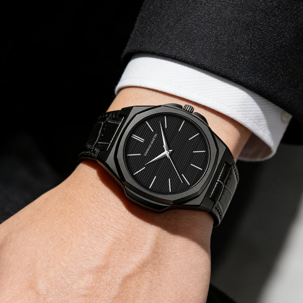 Hannah Martin Men Watch 6.8mm Ultrathin JP Movement Black Stainless Steel Business Watch 1 Set Replaceable Leather Quartz Watch - Tara's Tiny Treasures