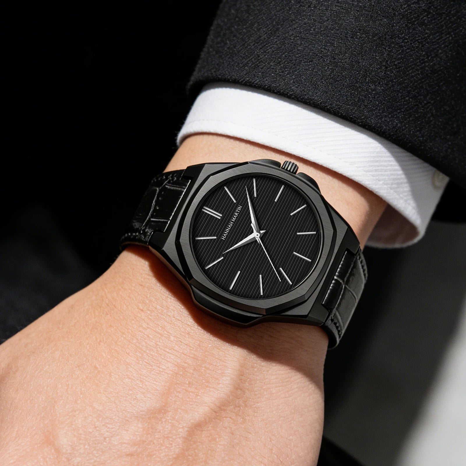 Hannah Martin Men Watch 6.8mm Ultrathin JP Movement Black Stainless Steel Business Watch 1 Set Replaceable Leather Quartz Watch - Tara's Tiny Treasures