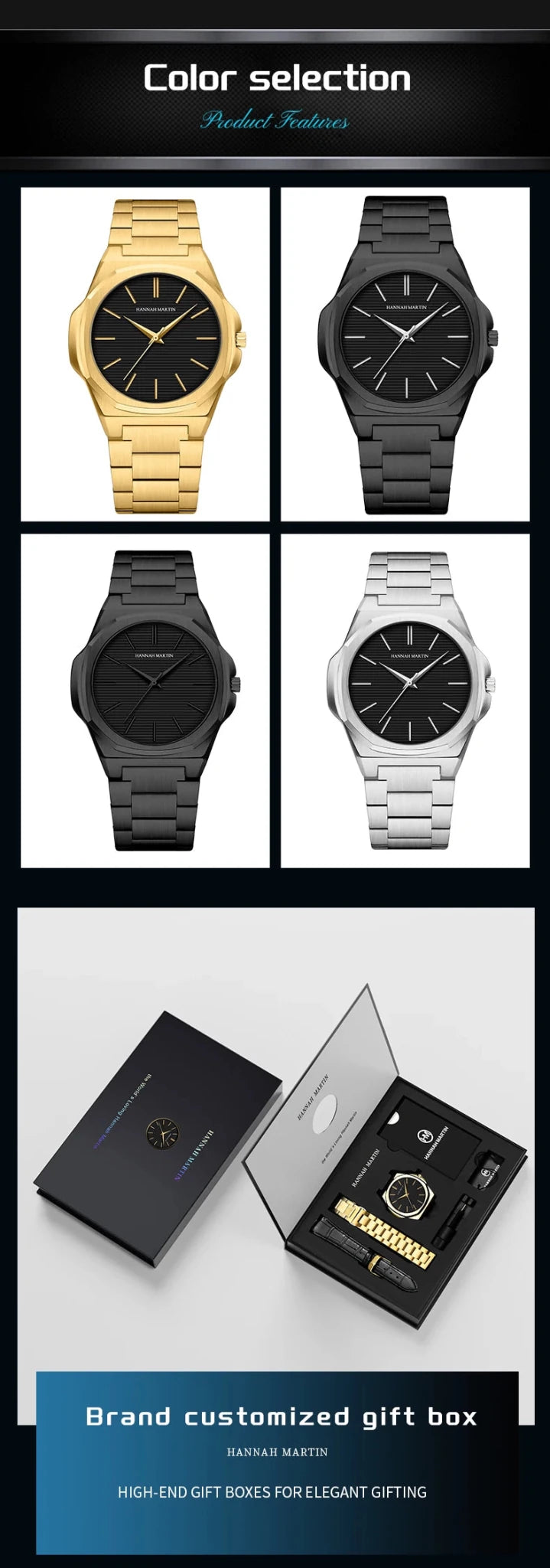 Hannah Martin Men Watch 6.8mm Ultrathin JP Movement Black Stainless Steel Business Watch 1 Set Replaceable Leather Quartz Watch - Tara's Tiny Treasures