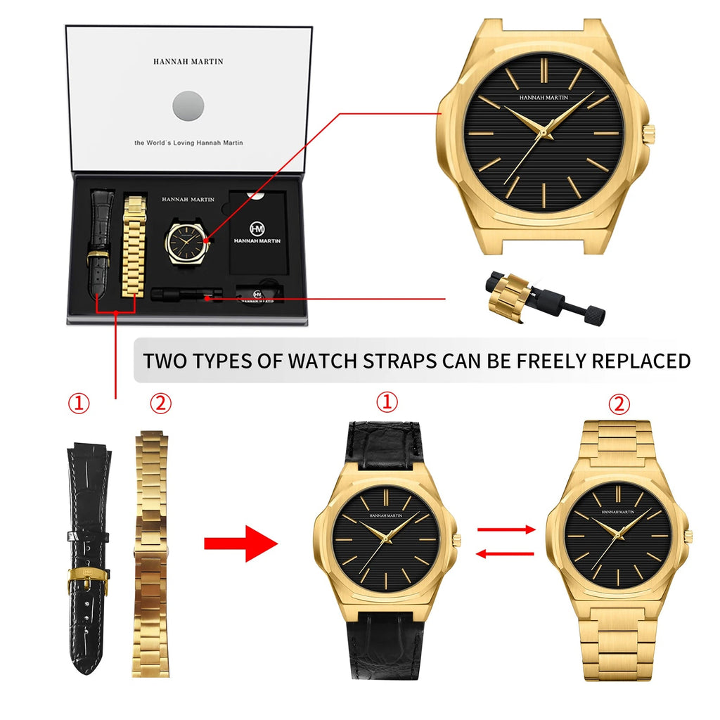 Hannah Martin Men Watch 6.8mm Ultrathin JP Movement Black Stainless Steel Business Watch 1 Set Replaceable Leather Quartz Watch - Tara's Tiny Treasures