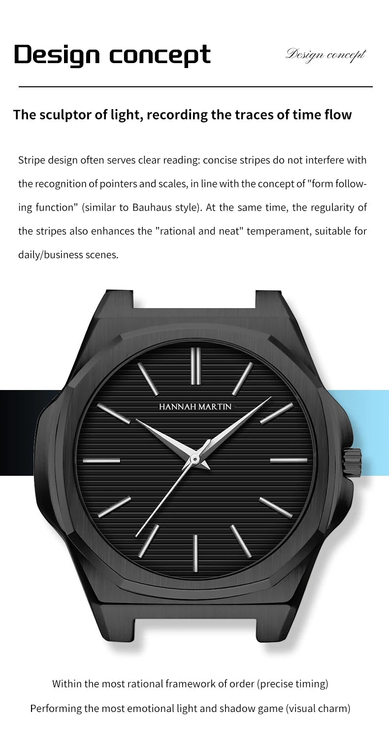 Hannah Martin Men Watch 6.8mm Ultrathin JP Movement Black Stainless Steel Business Watch 1 Set Replaceable Leather Quartz Watch - Tara's Tiny Treasures