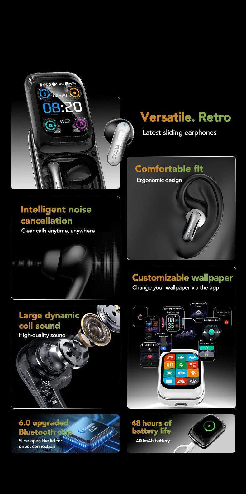 HTC NE48 TWS Wireless Earbuds AI Translation 2K HD Touchscreen Bluetooth 6.0 IPX5 ENC Noise Cancelling Sports Headphone - Tara's Tiny Treasures