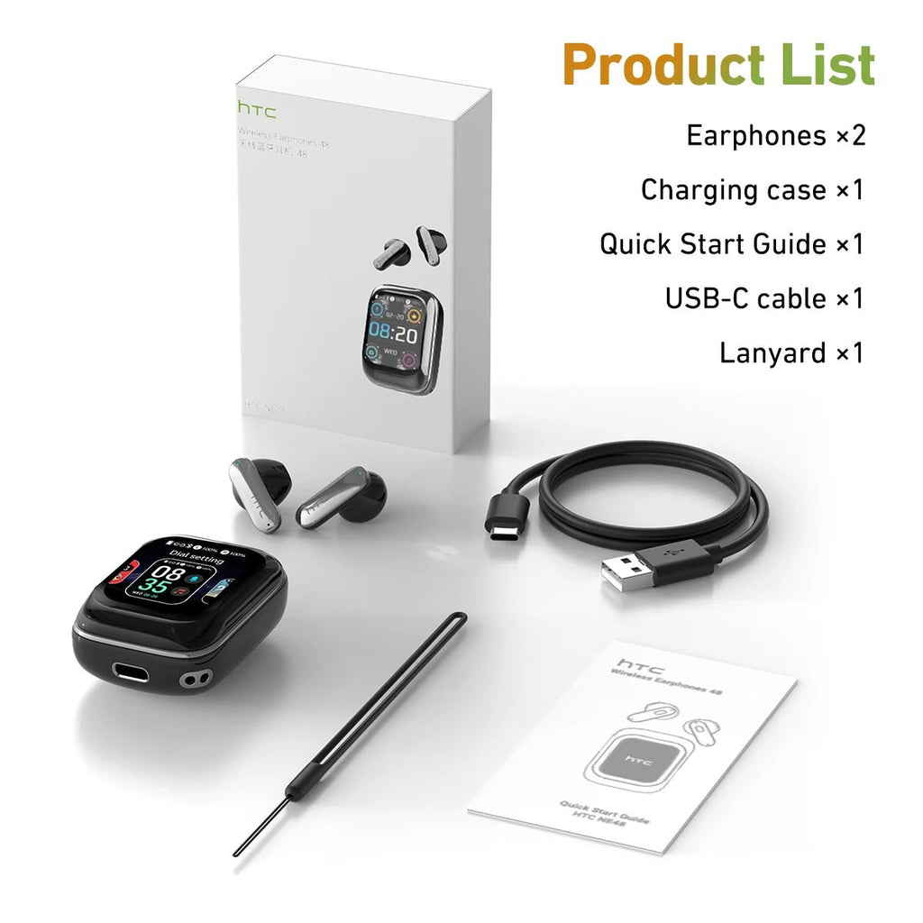 HTC NE48 TWS Wireless Earbuds AI Translation 2K HD Touchscreen Bluetooth 6.0 IPX5 ENC Noise Cancelling Sports Headphone - Tara's Tiny Treasures
