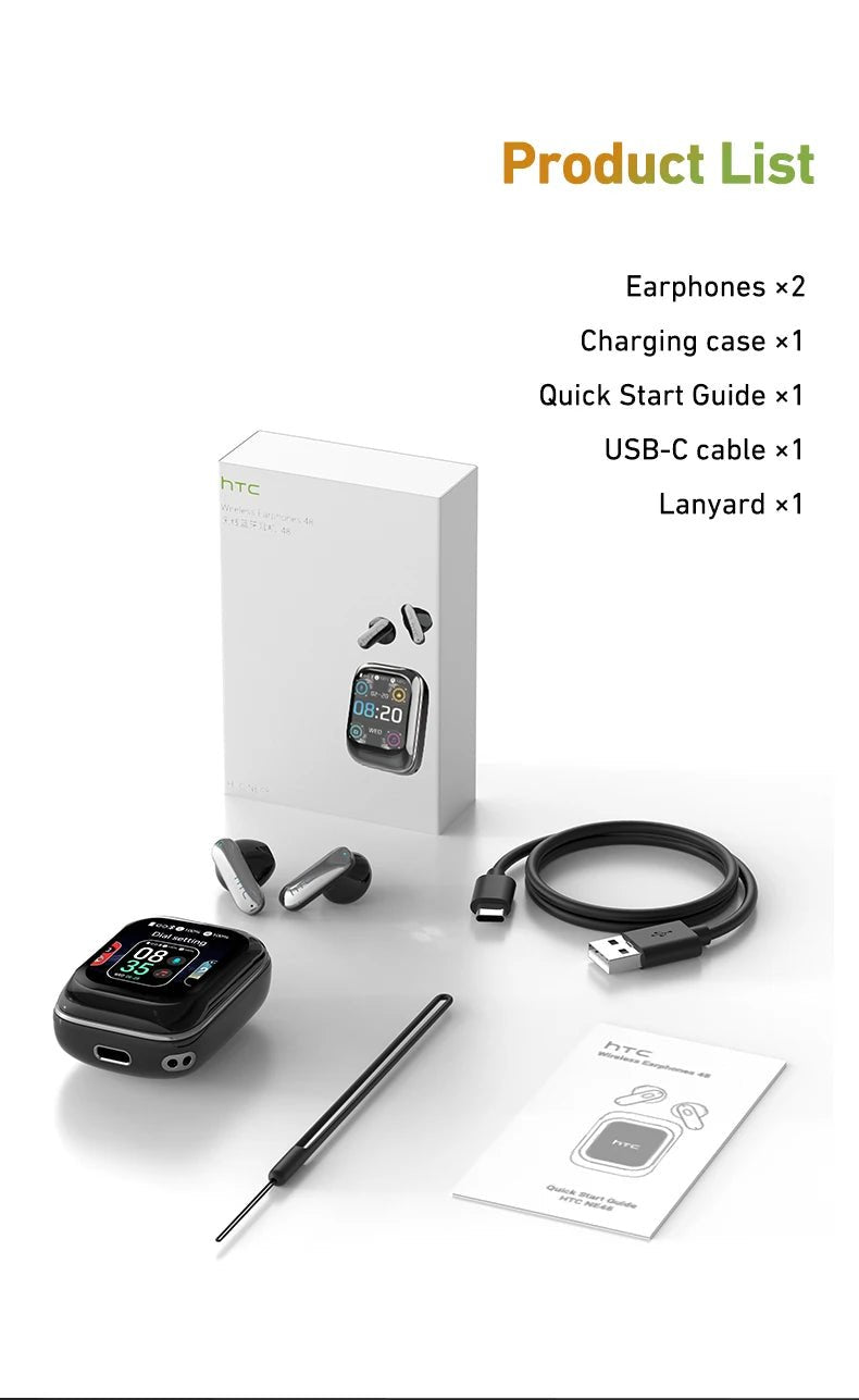 HTC NE48 TWS Wireless Earbuds AI Translation 2K HD Touchscreen Bluetooth 6.0 IPX5 ENC Noise Cancelling Sports Headphone - Tara's Tiny Treasures
