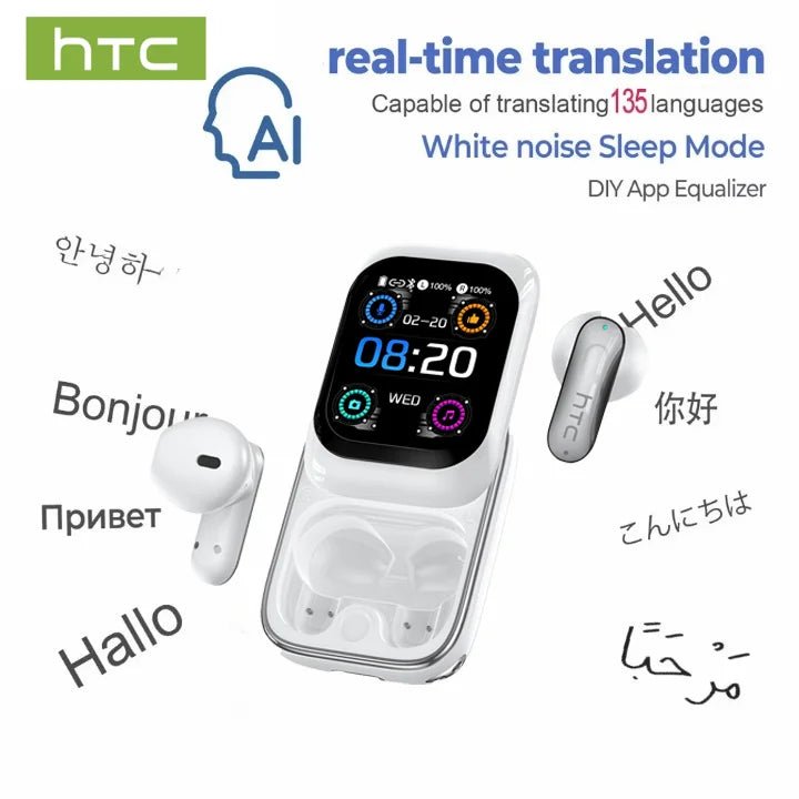 HTC NE48 TWS Wireless Earbuds AI Translation 2K HD Touchscreen Bluetooth 6.0 IPX5 ENC Noise Cancelling Sports Headphone - Tara's Tiny Treasures