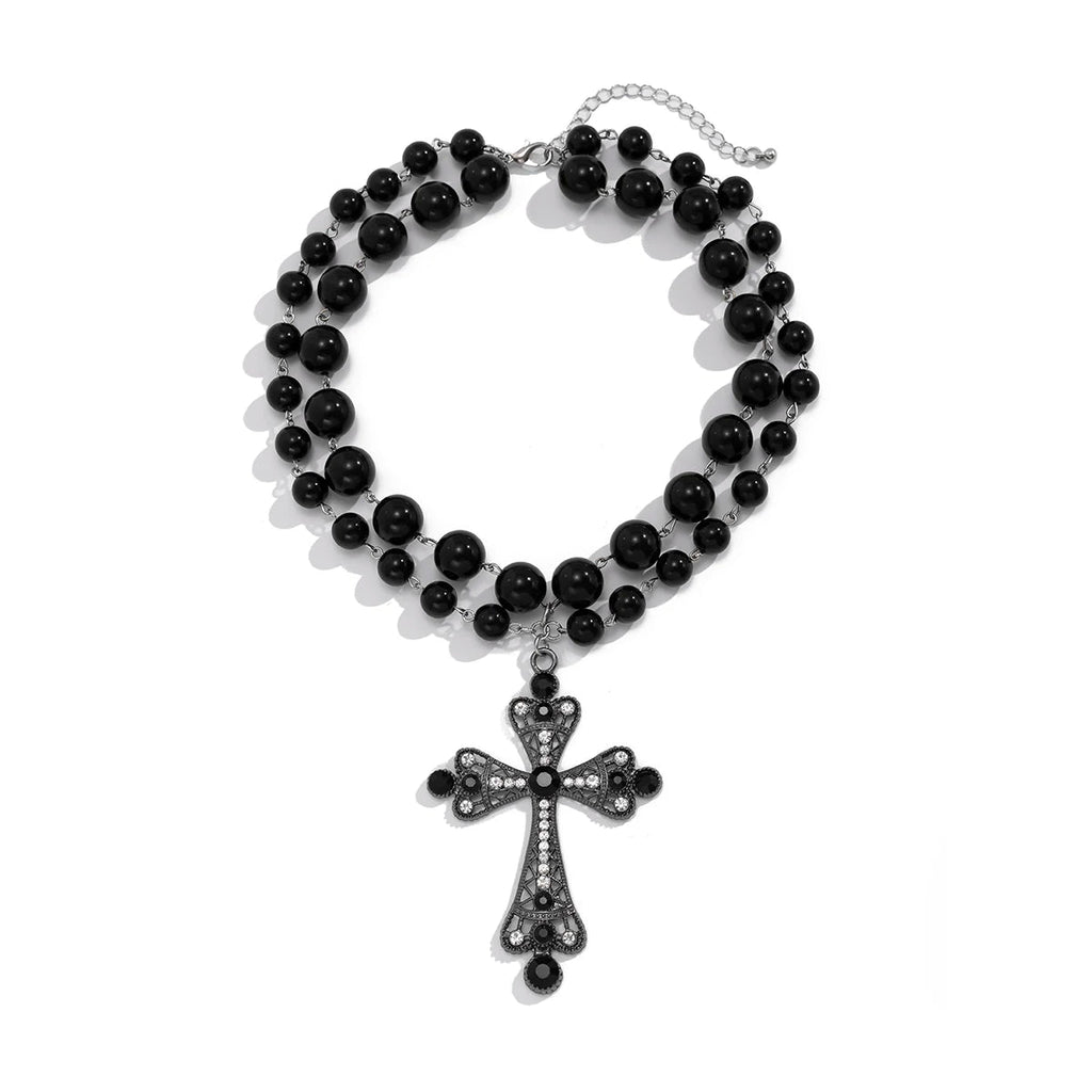 Ingemark Multilayer Goth Rhinestone Cross Jesus Pendant Choker Necklace for Women Vintage Acrylic Beads Halloween Jewelry Gift - Tara's Tiny Treasures