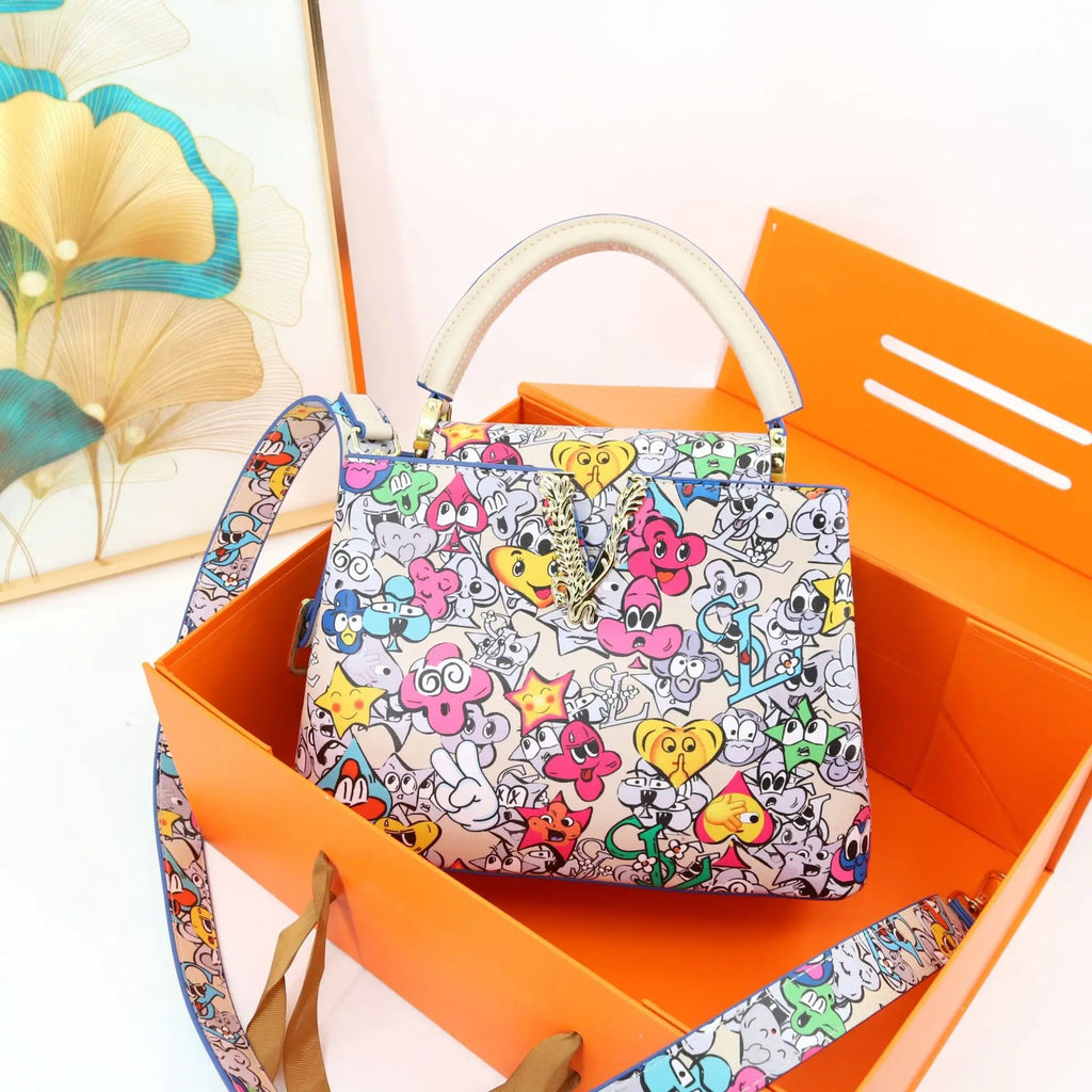 Ins Famous Fashion Classic Printed PU Leather Womens Handbags Luxury Elegant Shoulder Crossbody Top Handle Bag Daily Travel Work - Tara's Tiny Treasures