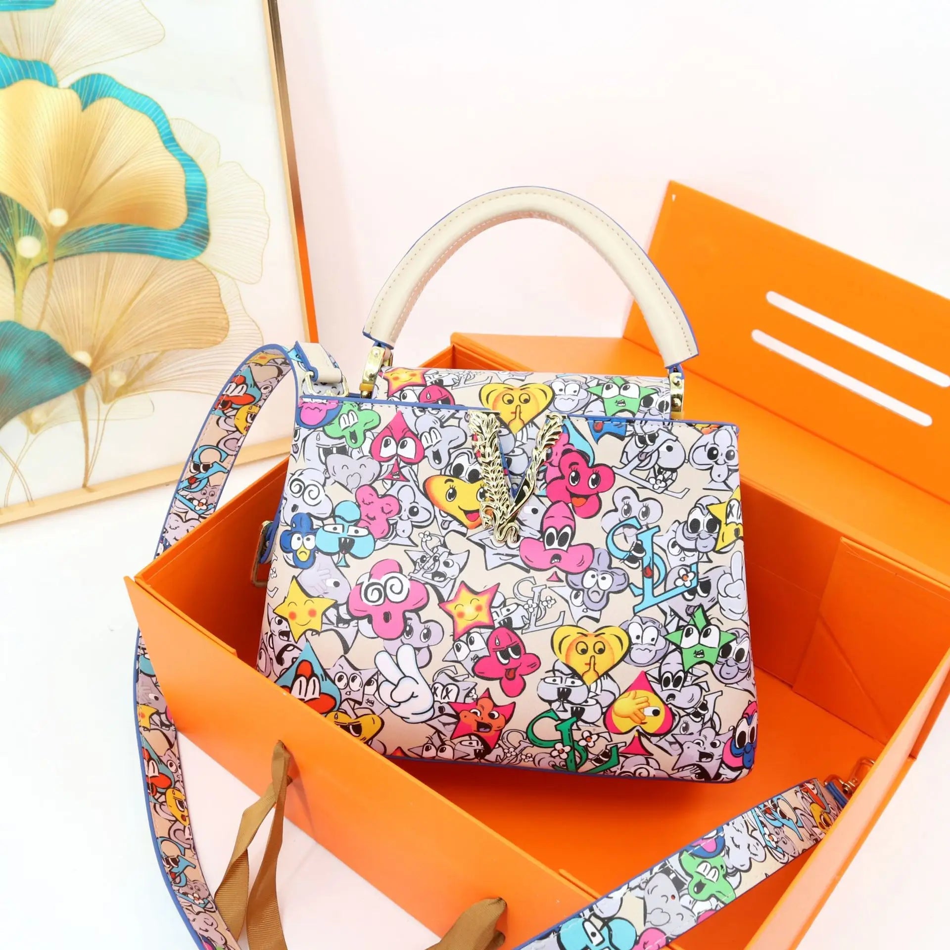 Ins Famous Fashion Classic Printed PU Leather Womens Handbags Luxury Elegant Shoulder Crossbody Top Handle Bag Daily Travel Work - Tara's Tiny Treasures