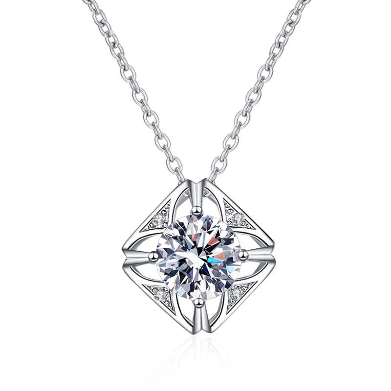 JoyceJelly Pure S925 Sterling Silver Necklace For Women 1ct VVS Moissanite Diamond Jewelry Classic Square Pendant Clavicle Chain - Tara's Tiny Treasures
