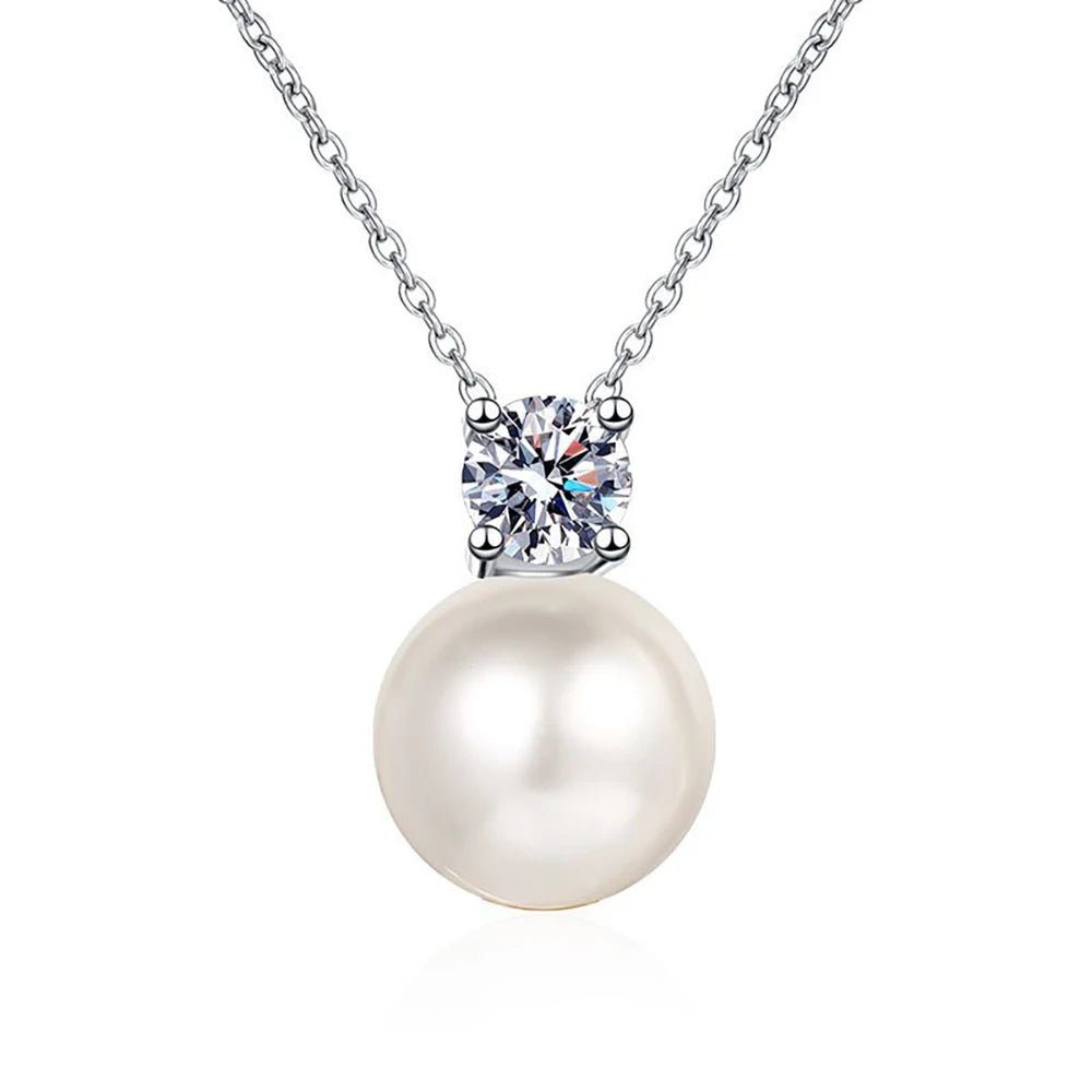 JoyceJelly S925 Sterling Silver 0.3ct D-color Moissanite Necklace 8mm Pearl Pendant Chain Women's Moissanite Diamond Jewelry - Tara's Tiny Treasures