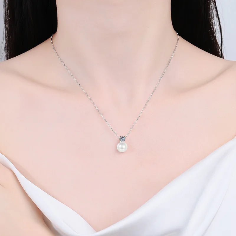 JoyceJelly S925 Sterling Silver 0.3ct D-color Moissanite Necklace 8mm Pearl Pendant Chain Women's Moissanite Diamond Jewelry - Tara's Tiny Treasures