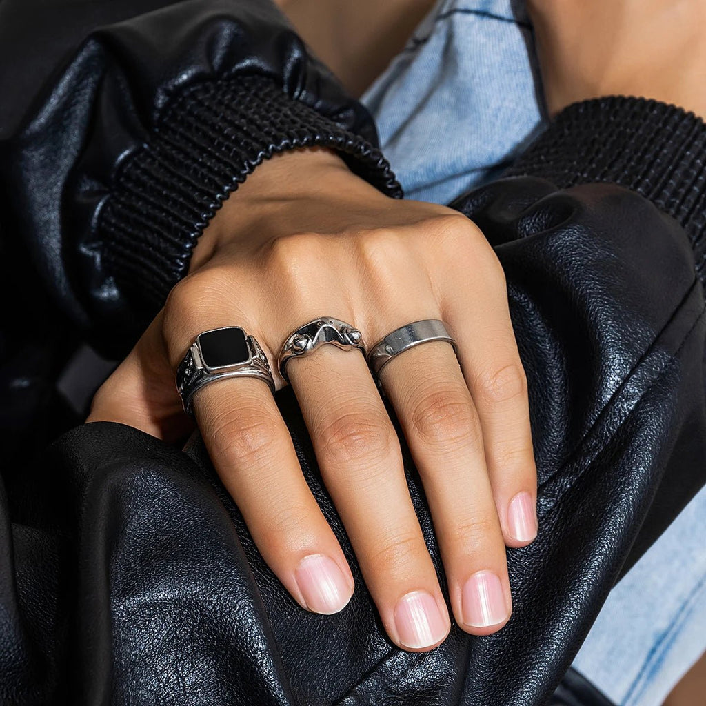 KunJoe Men's Stainless Steel 3pcs/set Square Oil Drip Ring Sets Gothic Punk Silver Color Metal Rings Halloween Party Jewelry - Tara's Tiny Treasures
