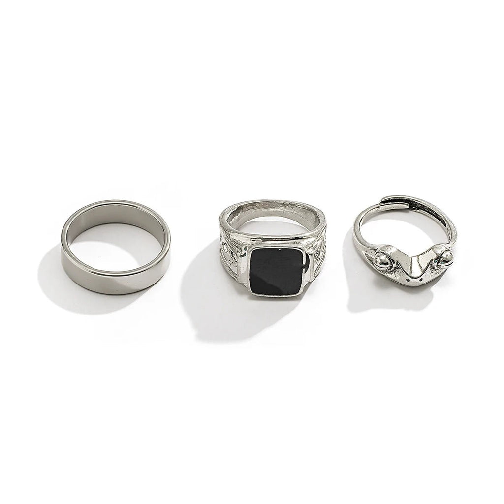 KunJoe Men's Stainless Steel 3pcs/set Square Oil Drip Ring Sets Gothic Punk Silver Color Metal Rings Halloween Party Jewelry - Tara's Tiny Treasures