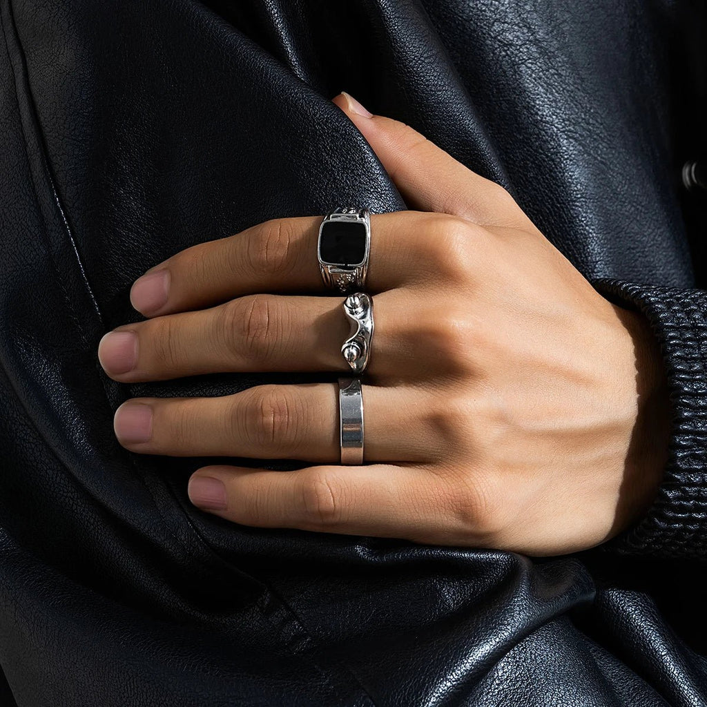 KunJoe Men's Stainless Steel 3pcs/set Square Oil Drip Ring Sets Gothic Punk Silver Color Metal Rings Halloween Party Jewelry - Tara's Tiny Treasures