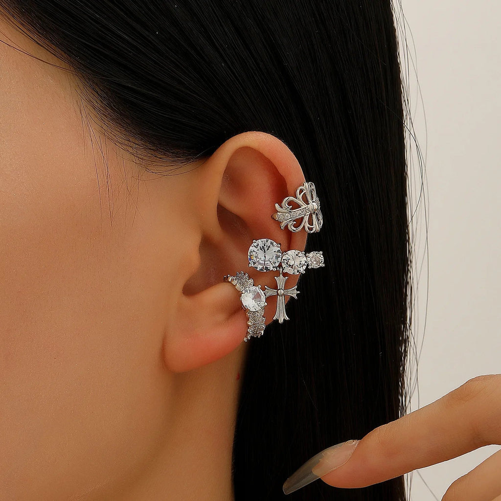 LATS Copper Inlaid with Zirconia Clip Earrings for Women Silver Plated Cross Snowflake Without Piercing Ear Cuff Girl Jewelry - Tara's Tiny Treasures