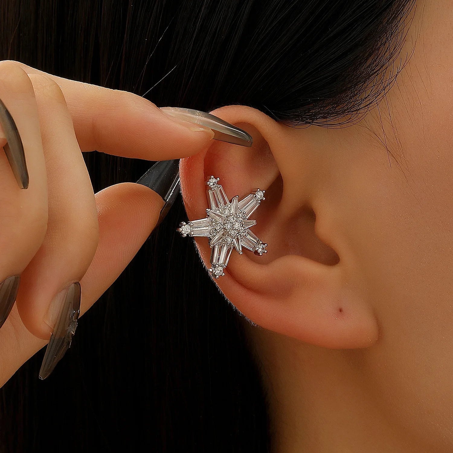 LATS Copper Inlaid with Zirconia Clip Earrings for Women Silver Plated Cross Snowflake Without Piercing Ear Cuff Girl Jewelry - Tara's Tiny Treasures