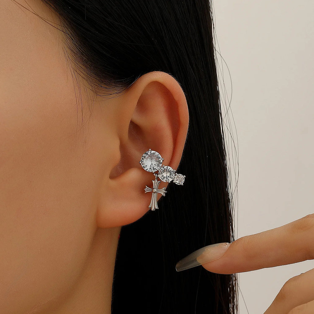 LATS Copper Inlaid with Zirconia Clip Earrings for Women Silver Plated Cross Snowflake Without Piercing Ear Cuff Girl Jewelry - Tara's Tiny Treasures