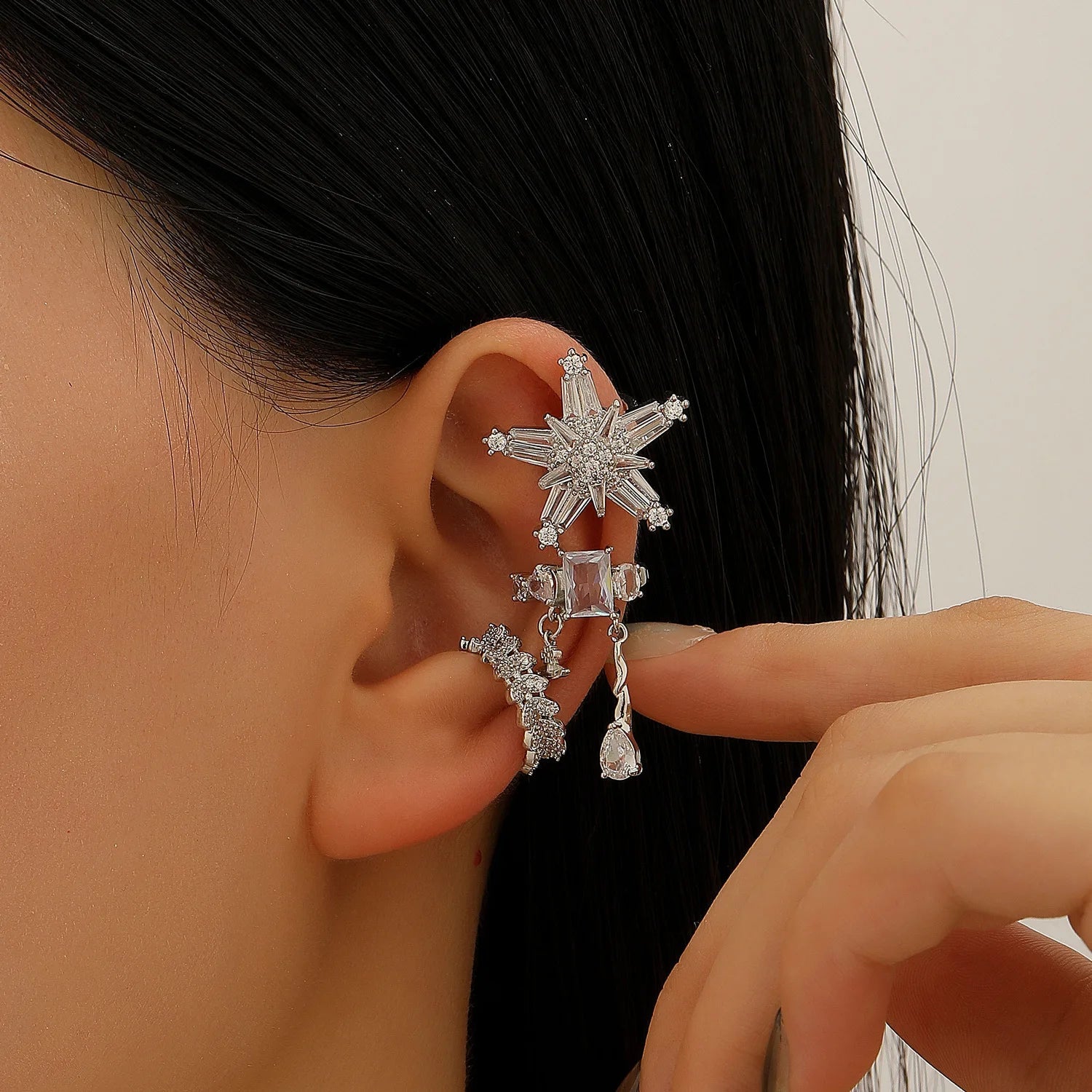 LATS Copper Inlaid with Zirconia Clip Earrings for Women Silver Plated Cross Snowflake Without Piercing Ear Cuff Girl Jewelry - Tara's Tiny Treasures
