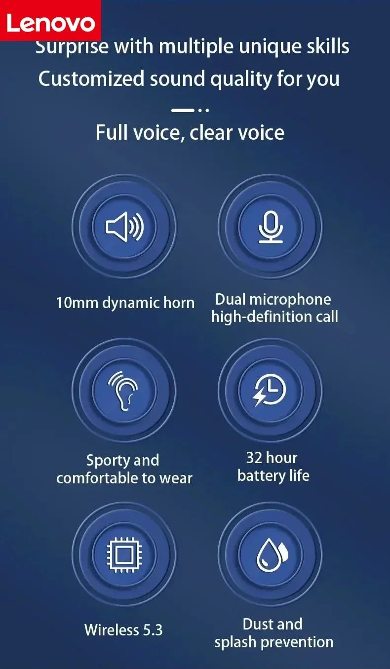 Lenovo Open-back Wireless Bluetooth Headphones, Noise-canceling and Waterproof Sports Headphones, Compatible with Xiaomi iPhone - Tara's Tiny Treasures