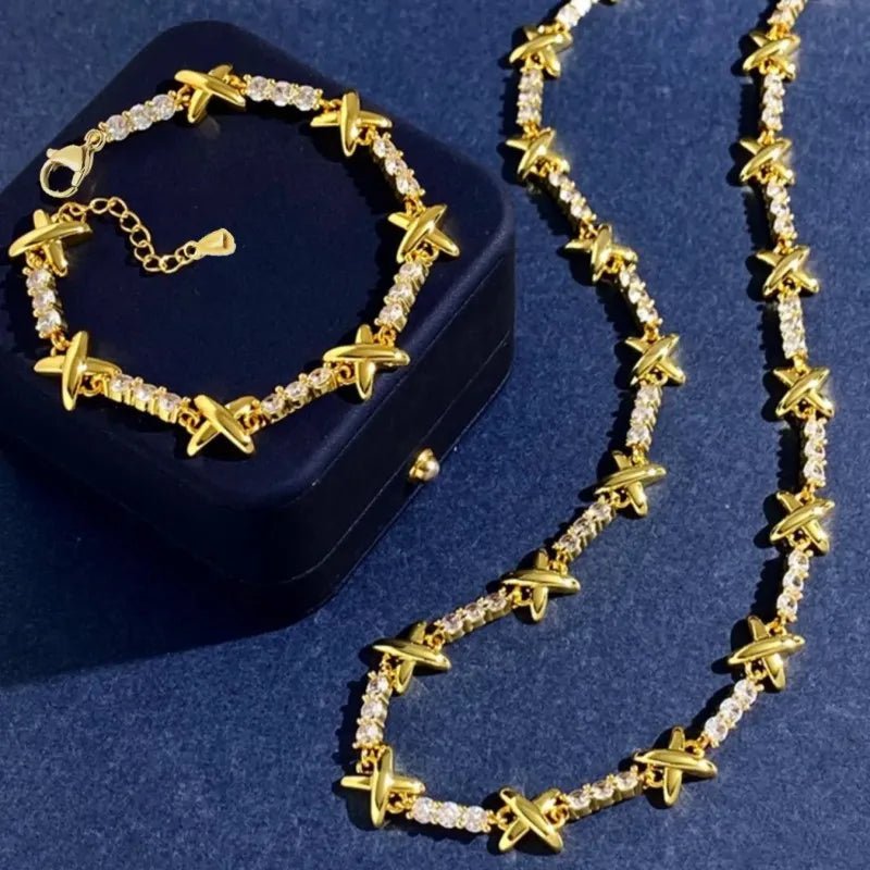 Luxury 18k Gold Plated Gemma Cubic Zirconia Jewelry Set for Women Elegant High Quality X Cross Choker Necklace Wedding Jewelry - Tara's Tiny Treasures