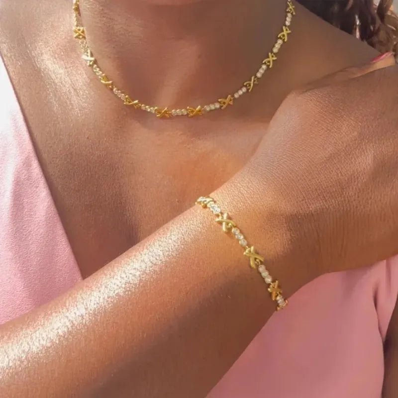 Luxury 18k Gold Plated Gemma Cubic Zirconia Jewelry Set for Women Elegant High Quality X Cross Choker Necklace Wedding Jewelry - Tara's Tiny Treasures