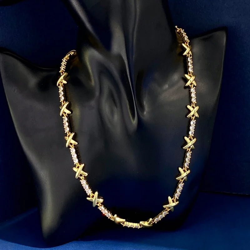Luxury 18k Gold Plated Gemma Cubic Zirconia Jewelry Set for Women Elegant High Quality X Cross Choker Necklace Wedding Jewelry - Tara's Tiny Treasures