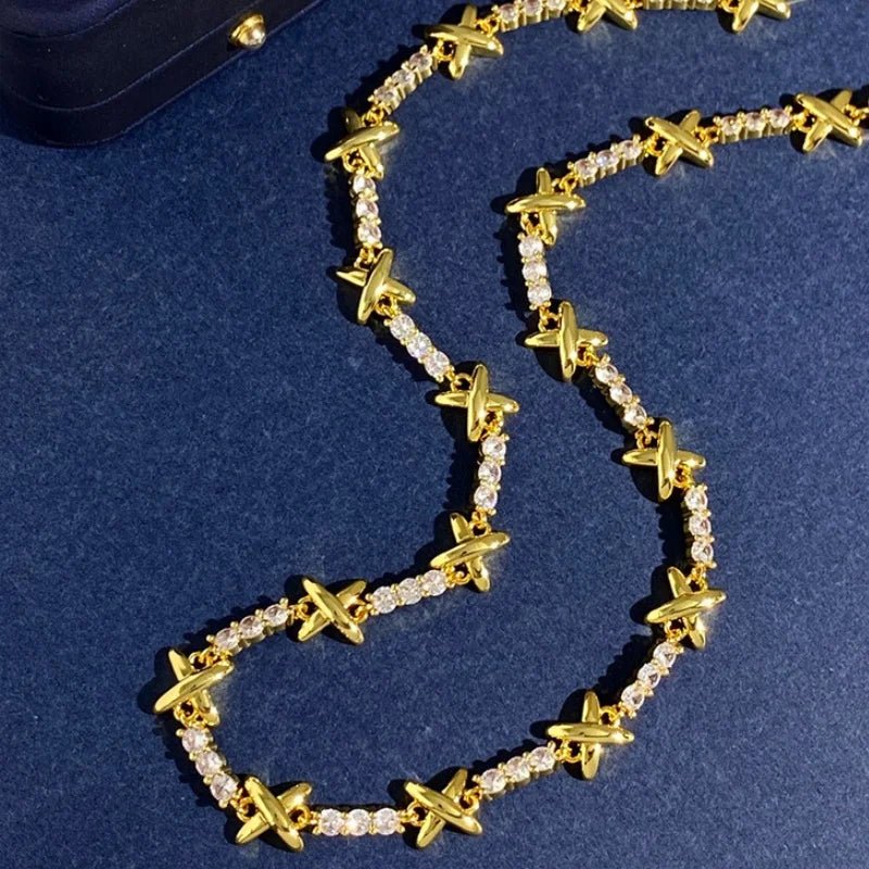 Luxury 18k Gold Plated Gemma Cubic Zirconia Jewelry Set for Women Elegant High Quality X Cross Choker Necklace Wedding Jewelry - Tara's Tiny Treasures