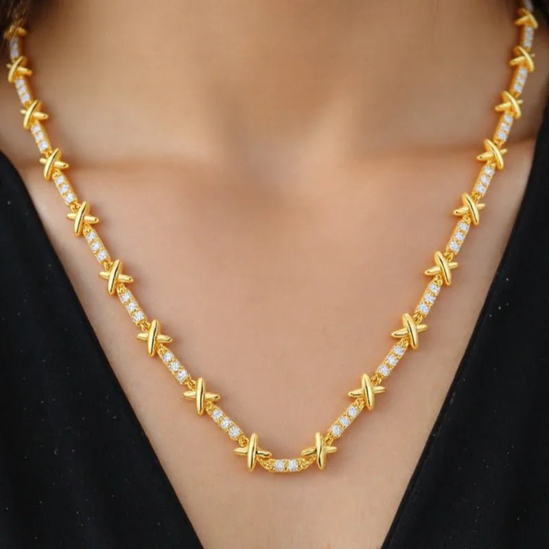 Luxury 18k Gold Plated Gemma Cubic Zirconia Jewelry Set for Women Elegant High Quality X Cross Choker Necklace Wedding Jewelry - Tara's Tiny Treasures