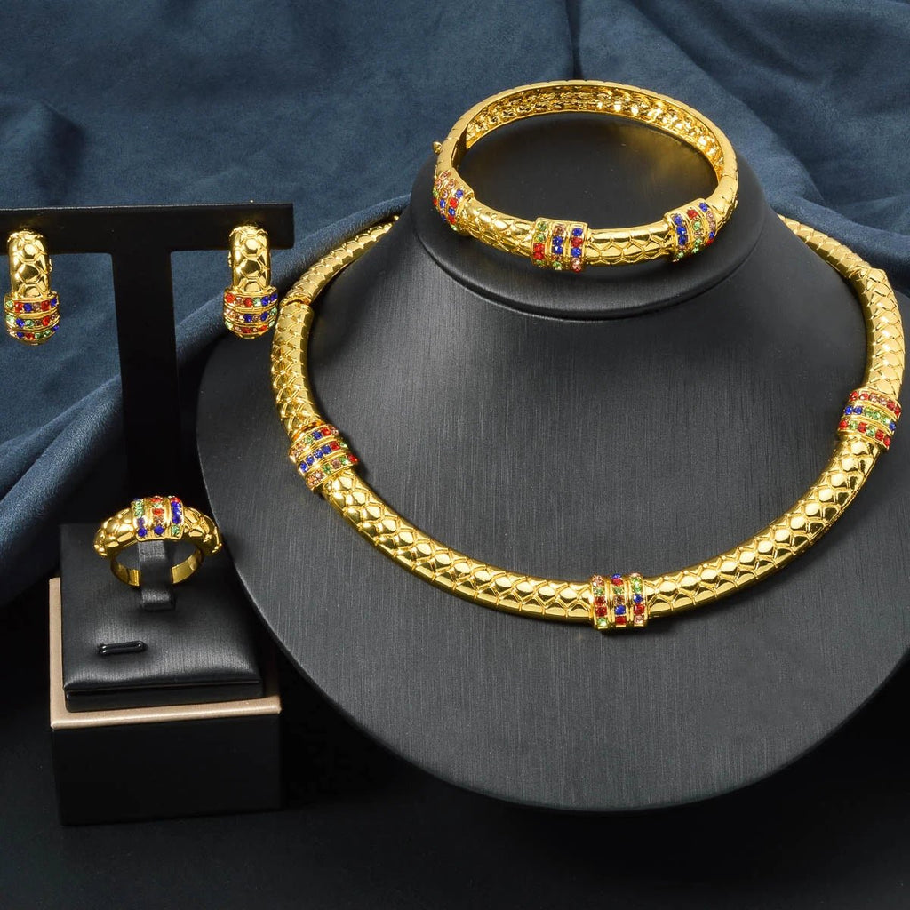 Luxury 18k Gold-Plated Women's Jewelry 4-Piece Round Necklace Bracelet Earrings Ring Gold Classic Dubai Wedding Gift - Tara's Tiny Treasures