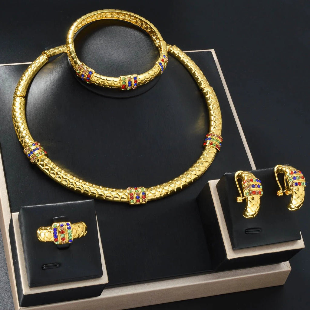 Luxury 18k Gold-Plated Women's Jewelry 4-Piece Round Necklace Bracelet Earrings Ring Gold Classic Dubai Wedding Gift - Tara's Tiny Treasures