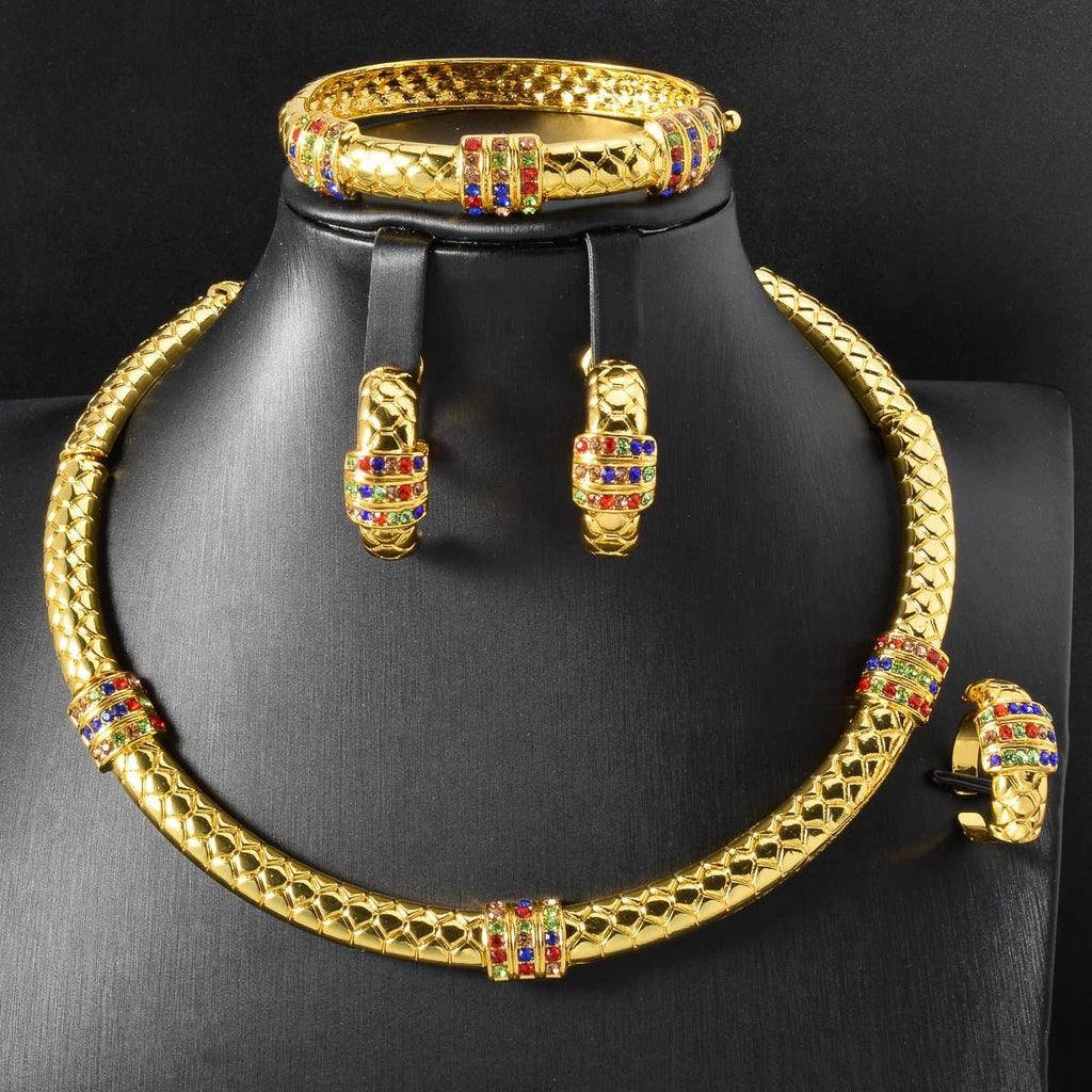 Luxury 18k Gold-Plated Women's Jewelry 4-Piece Round Necklace Bracelet Earrings Ring Gold Classic Dubai Wedding Gift - Tara's Tiny Treasures