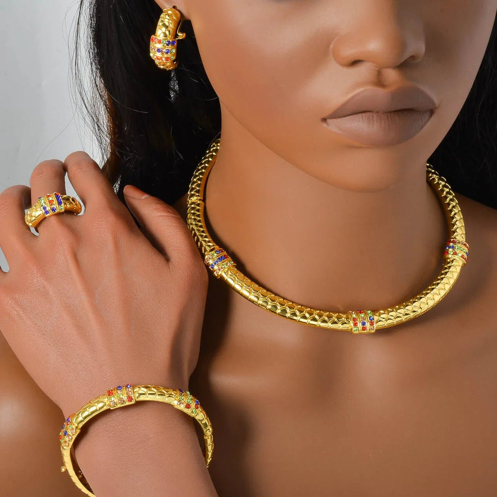 Luxury 18k Gold-Plated Women's Jewelry 4-Piece Round Necklace Bracelet Earrings Ring Gold Classic Dubai Wedding Gift - Tara's Tiny Treasures