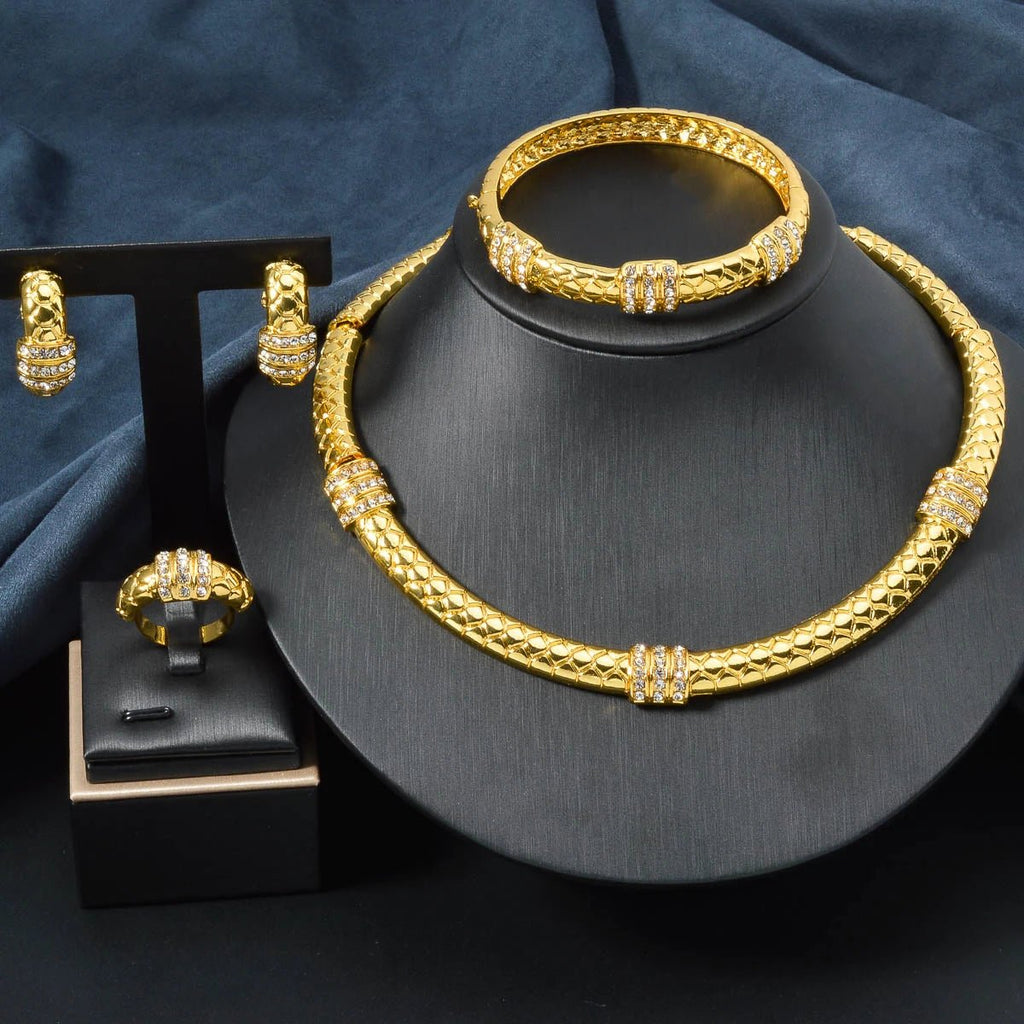 Luxury 18k Gold-Plated Women's Jewelry 4-Piece Round Necklace Bracelet Earrings Ring Gold Classic Dubai Wedding Gift - Tara's Tiny Treasures