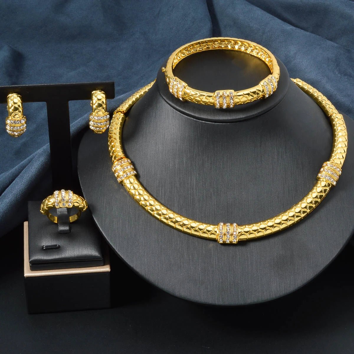 Luxury 18k Gold-Plated Women's Jewelry 4-Piece Round Necklace Bracelet Earrings Ring Gold Classic Dubai Wedding Gift - Tara's Tiny Treasures