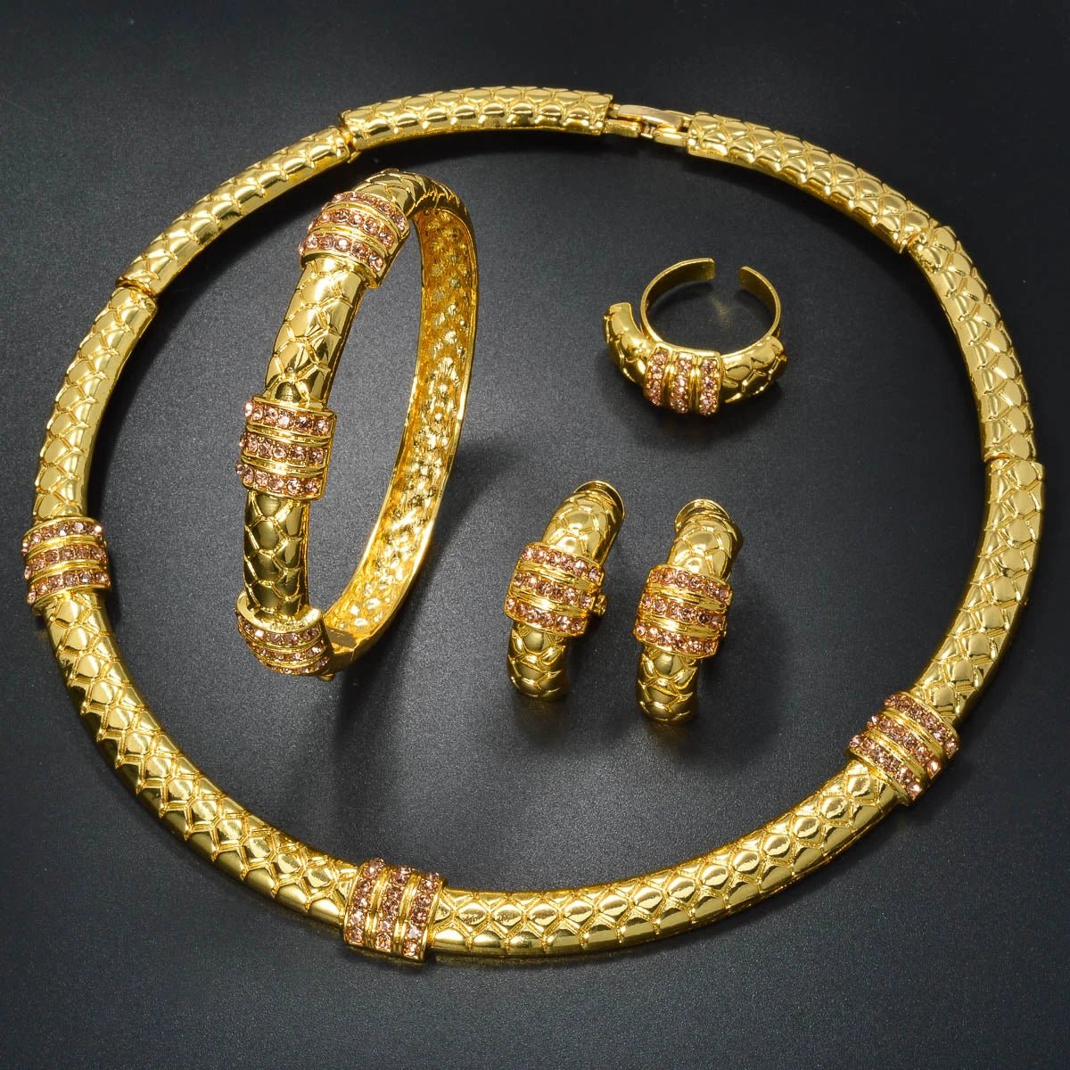 Luxury 18k Gold-Plated Women's Jewelry 4-Piece Round Necklace Bracelet Earrings Ring Gold Classic Dubai Wedding Gift - Tara's Tiny Treasures